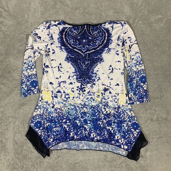 Peter Nygard Tunic Top Jeweled Blue White Damask 3/4 Sleeve Size PS - Picture 9 of 9